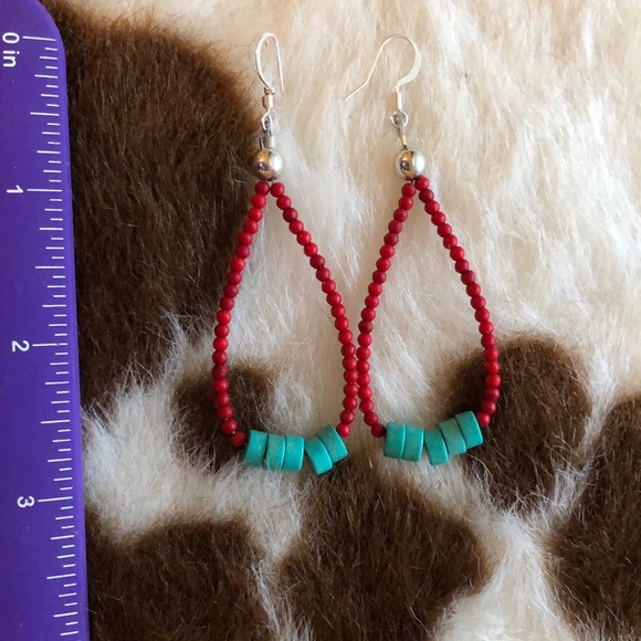CORAL TURQUOISE JOCLA EARRINGS LONG TEARDROP DISCS - Picture 2 of 3